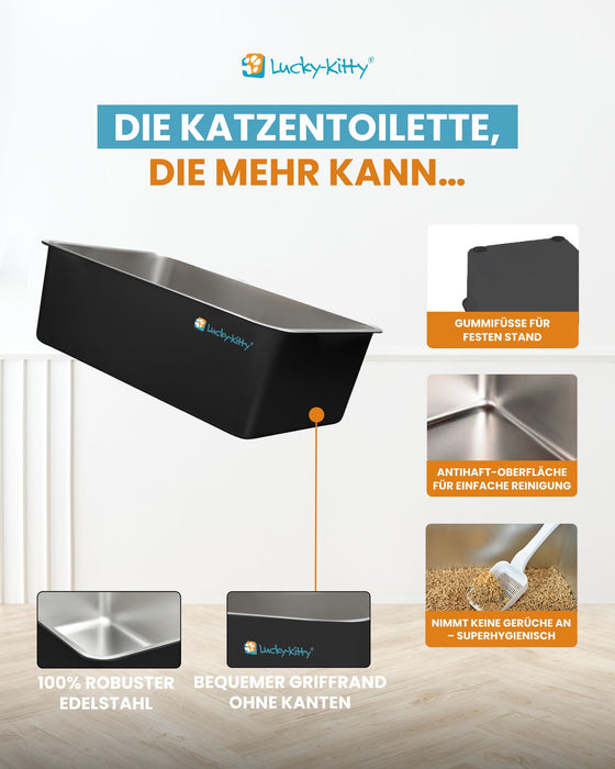 Katzentoilette XXL (Edelstahl Schwarz) + Haube (Schwarz transparent)