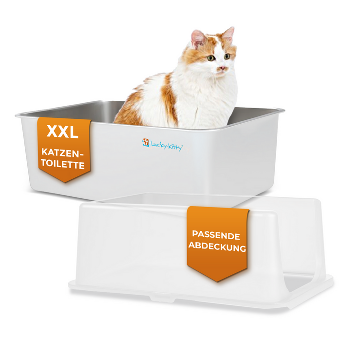 Katzentoilette XXL (Edelstahl Weiß) + Haube (Weiß transparent)