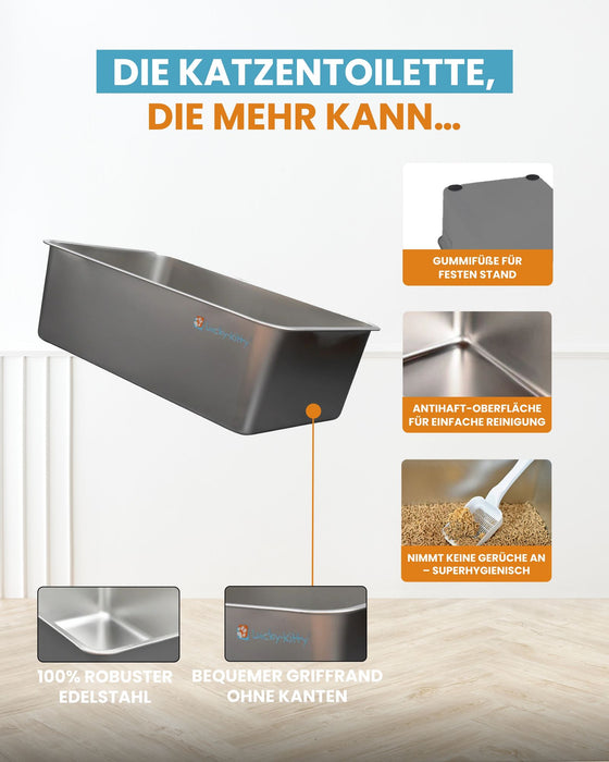 Katzentoilette XXL (Edelstahl Natur) + Haube (Schwarz transparent)
