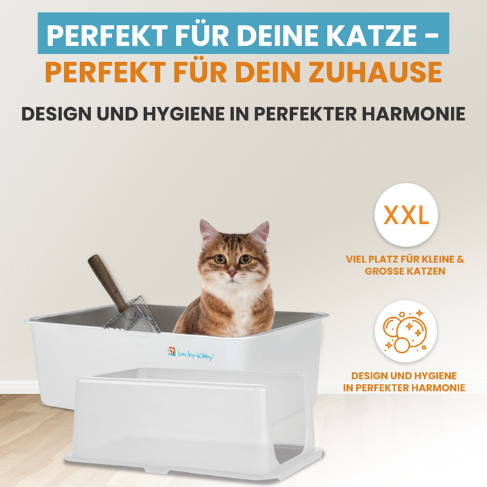 Katzentoilette XXL (Edelstahl Weiß) + Haube (Weiß transparent)