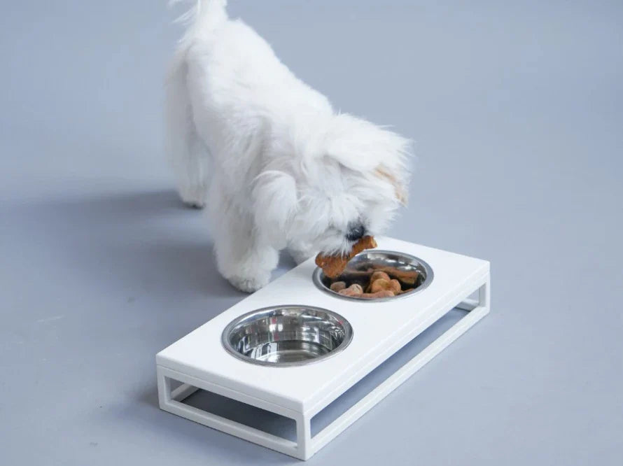 LUNCH BAR Hundenapf / Holz Napfständer mit zwei Edelstahlnäpfen für kleine Hunde / weißer Metallrahmen