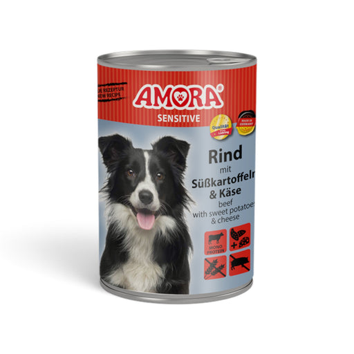 muunchy.de AMORA Dog Sensitive Nassfutter Rind mit Süßkartoffel und Käse in der 400g Dose für sensible Hunde