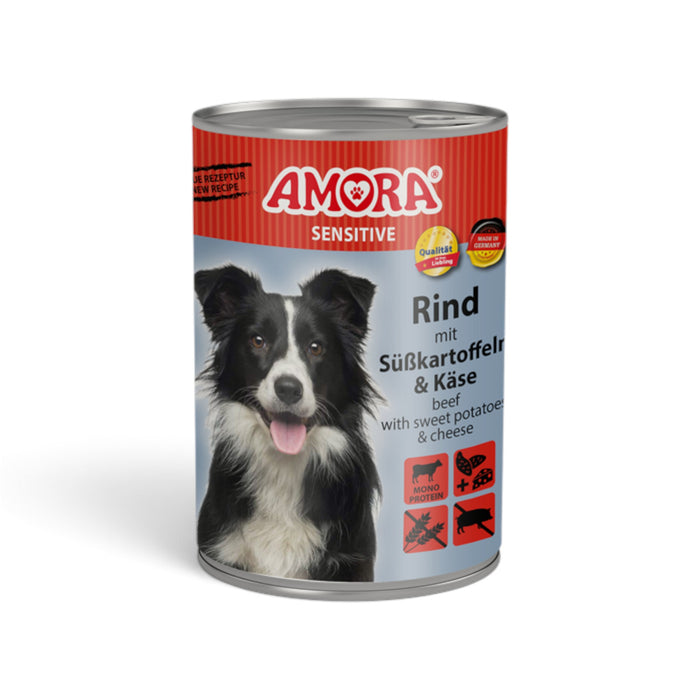 muunchy.de AMORA Dog Sensitive Nassfutter Rind mit Süßkartoffel und Käse in der 400g Dose für sensible Hunde