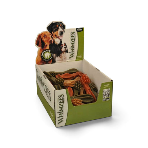 muunchy.de Whimzees Zahnbürsten für Hunde in einer Verkaufsbox mit verschiedenen natürlichen Kausnacks